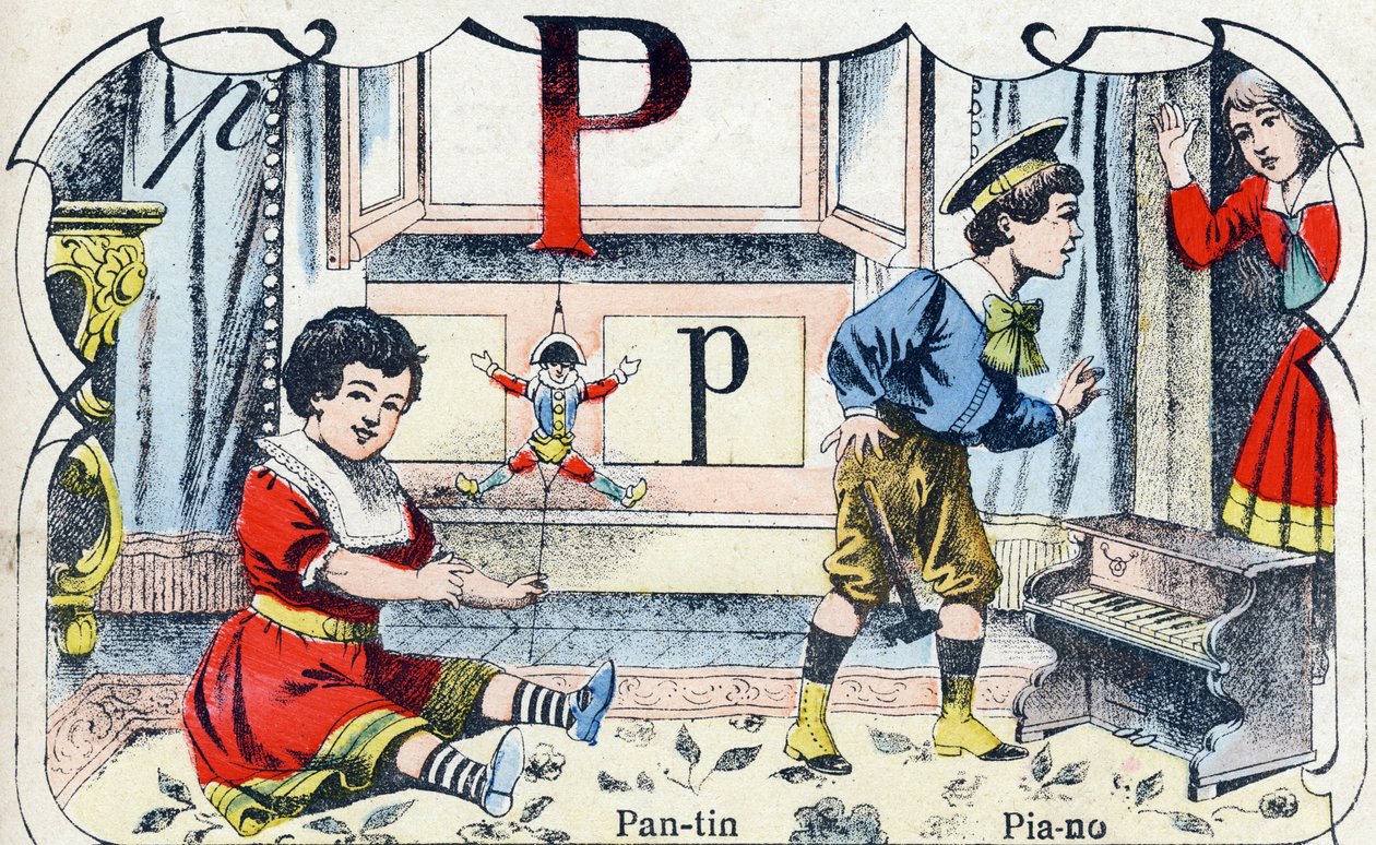 Lettre P : Pantin Piano. Gravure dans "ABC des jouets pour petits garçons". Imagerie de Pont-à-Mousson, Louis Vagne, imprimeur-éditeur, fin XIXe siècle. - French School