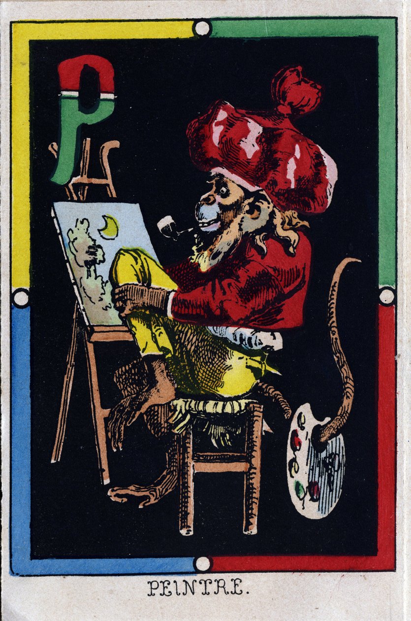 Lettre P comme peintre. Alphabet des singes. Gravure sur bois. Imagerie d
