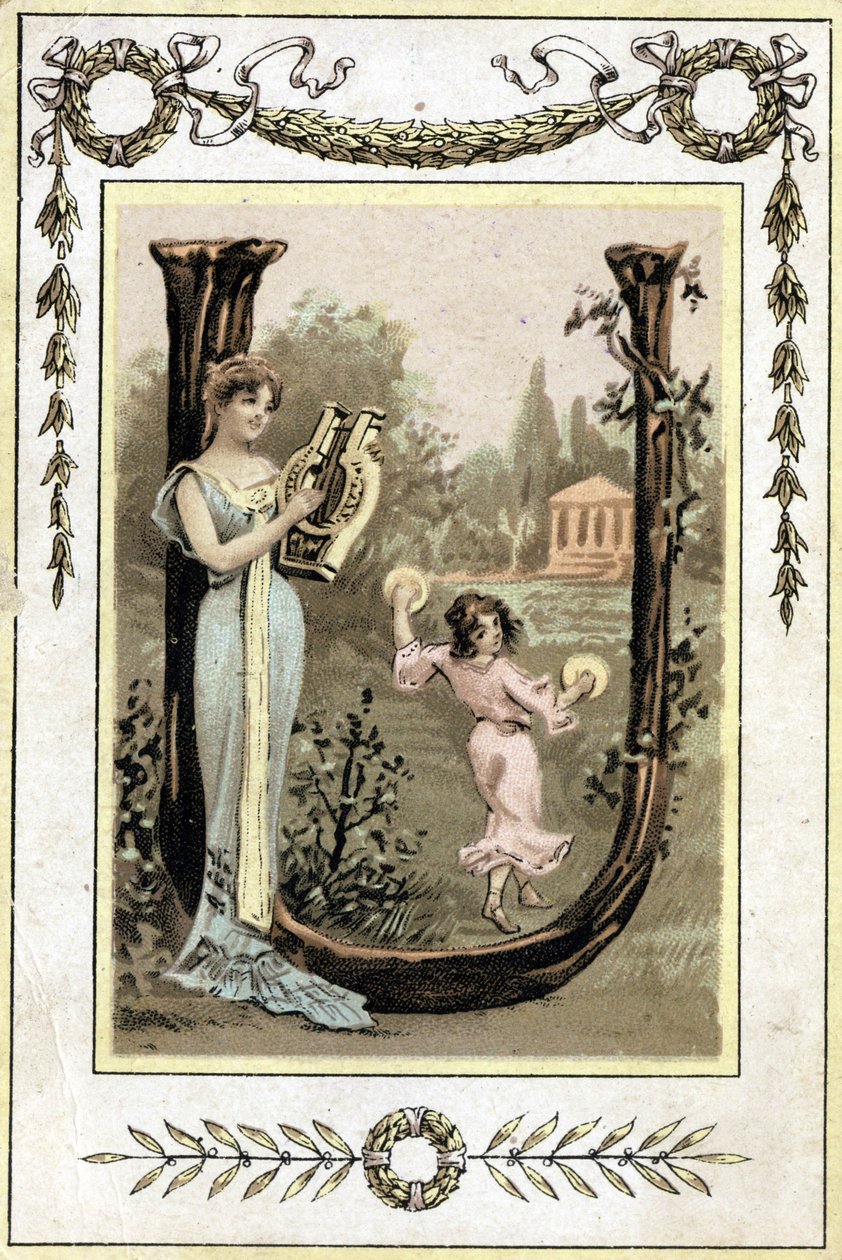 Lettre représentant une mère jouant de la lyre et sa fille dansant avec un tambourin, fin 19e siècle (chromolithographie) - French School