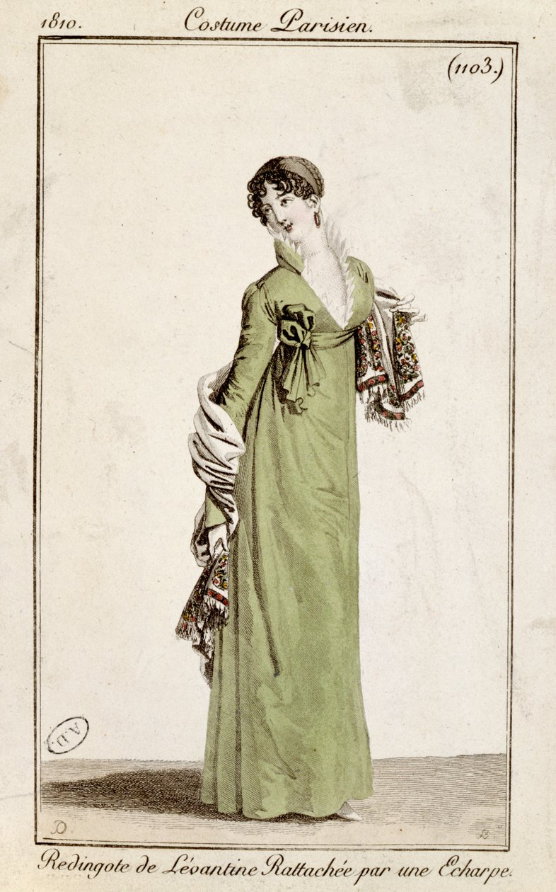 Redingote levantine fermée par une écharpe, planche de mode des Costumes Parisiens, 1810 - French School