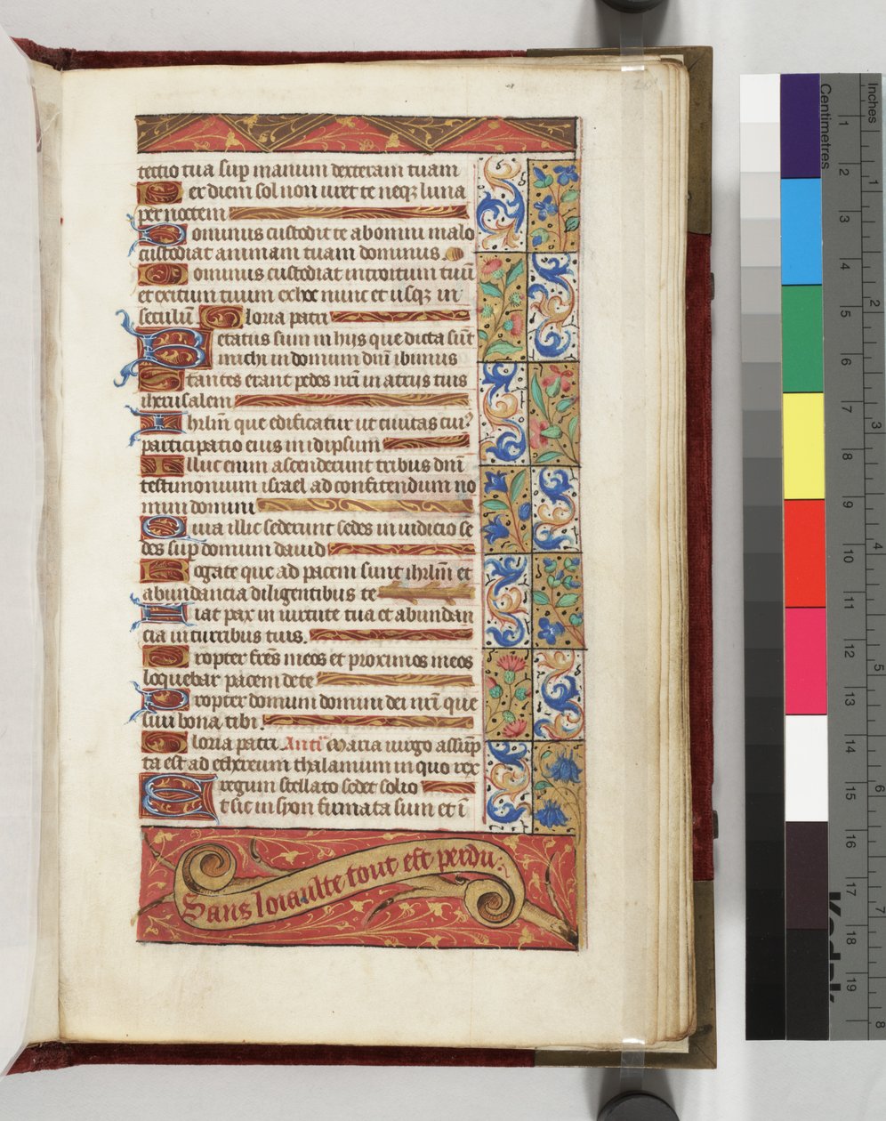 Lewis E 113 f.20r Page de texte décorée avec la devise Sans Loyauté tout est Perdu, 1500-15 - French School