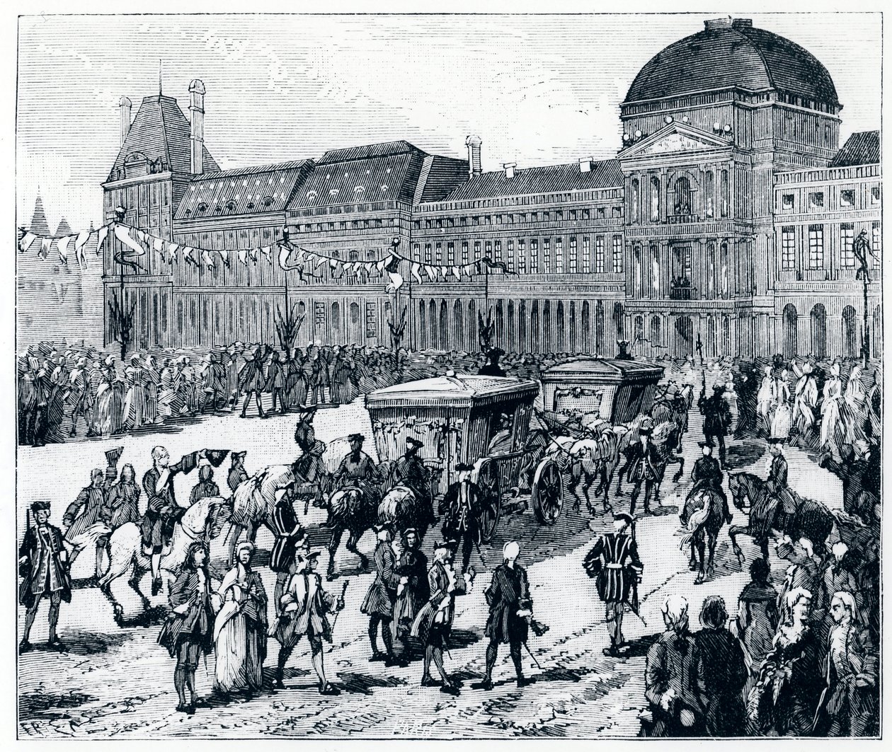 La vie sous Louis XV : le roi arrivant au Palais des Tuileries, où la reine et le dauphin l