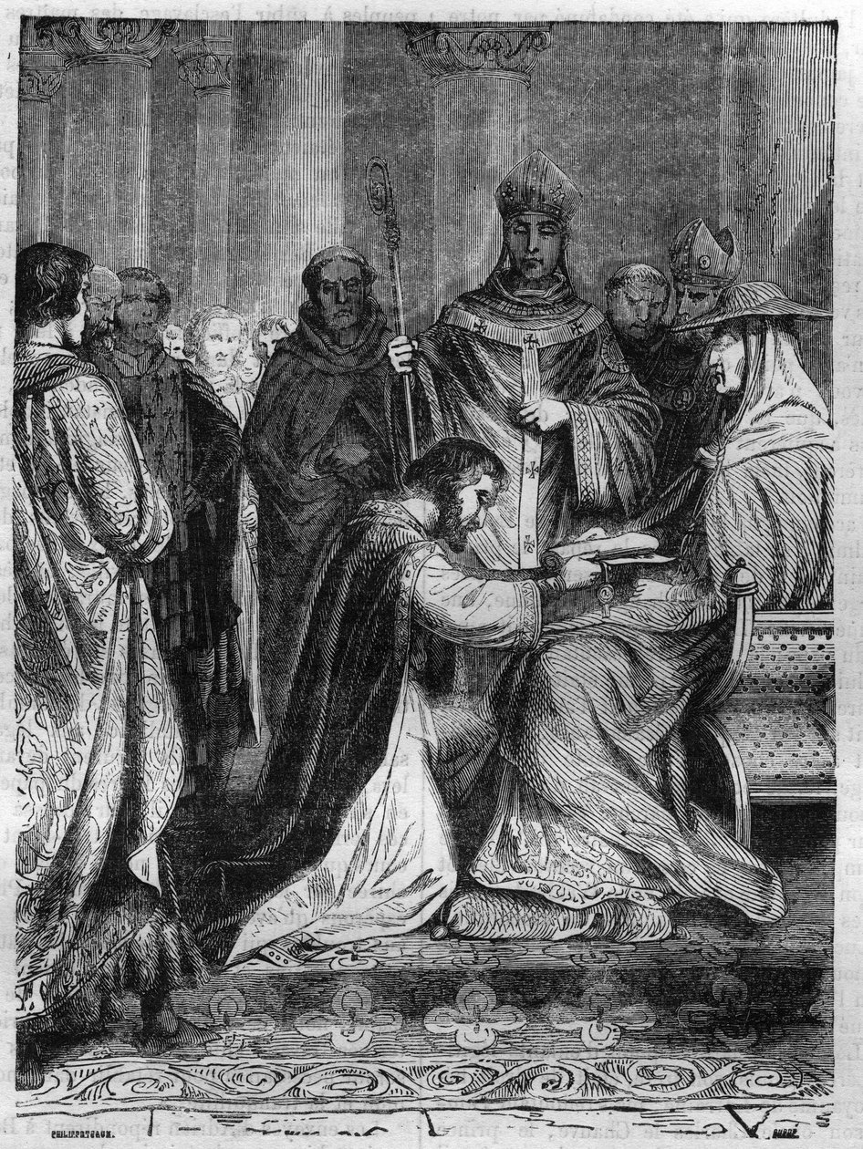 Lothaire Ier (795-855) aux pieds du pape Adrien II (792-872). Gravure dans « Histoire des Papes-Rois-Reines et Empereurs à travers les siècles » de Maurice Lachatre. - French School