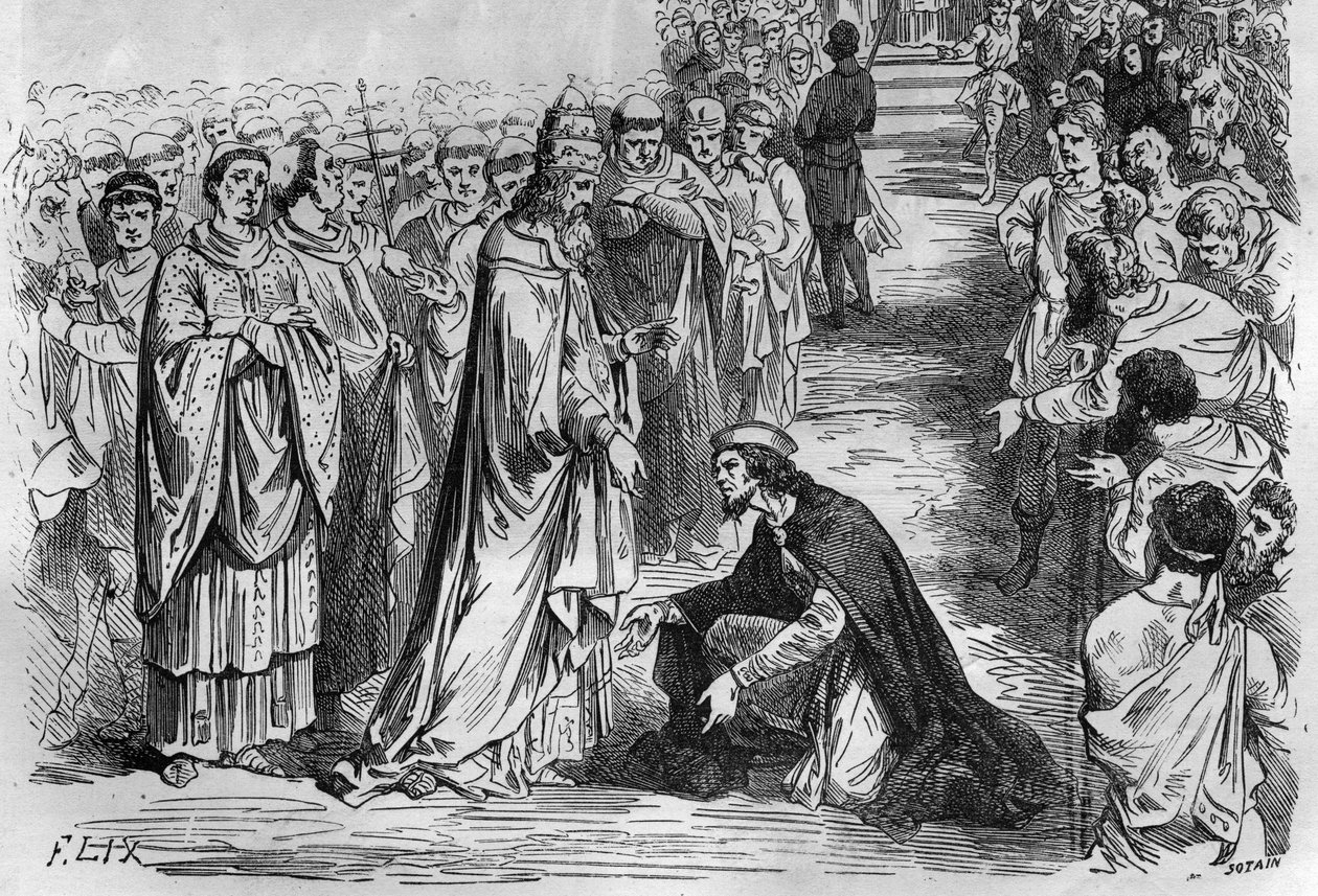 Louis Ier le Pieux ou le Débonnaire (778-840) aux genoux du pape Étienne V (Stefano, pape de 896 à 897). Gravure dans « Histoire des Papes-Rois-Reines et Empereurs à travers les siècles » de Maurice Lachatre. - French School