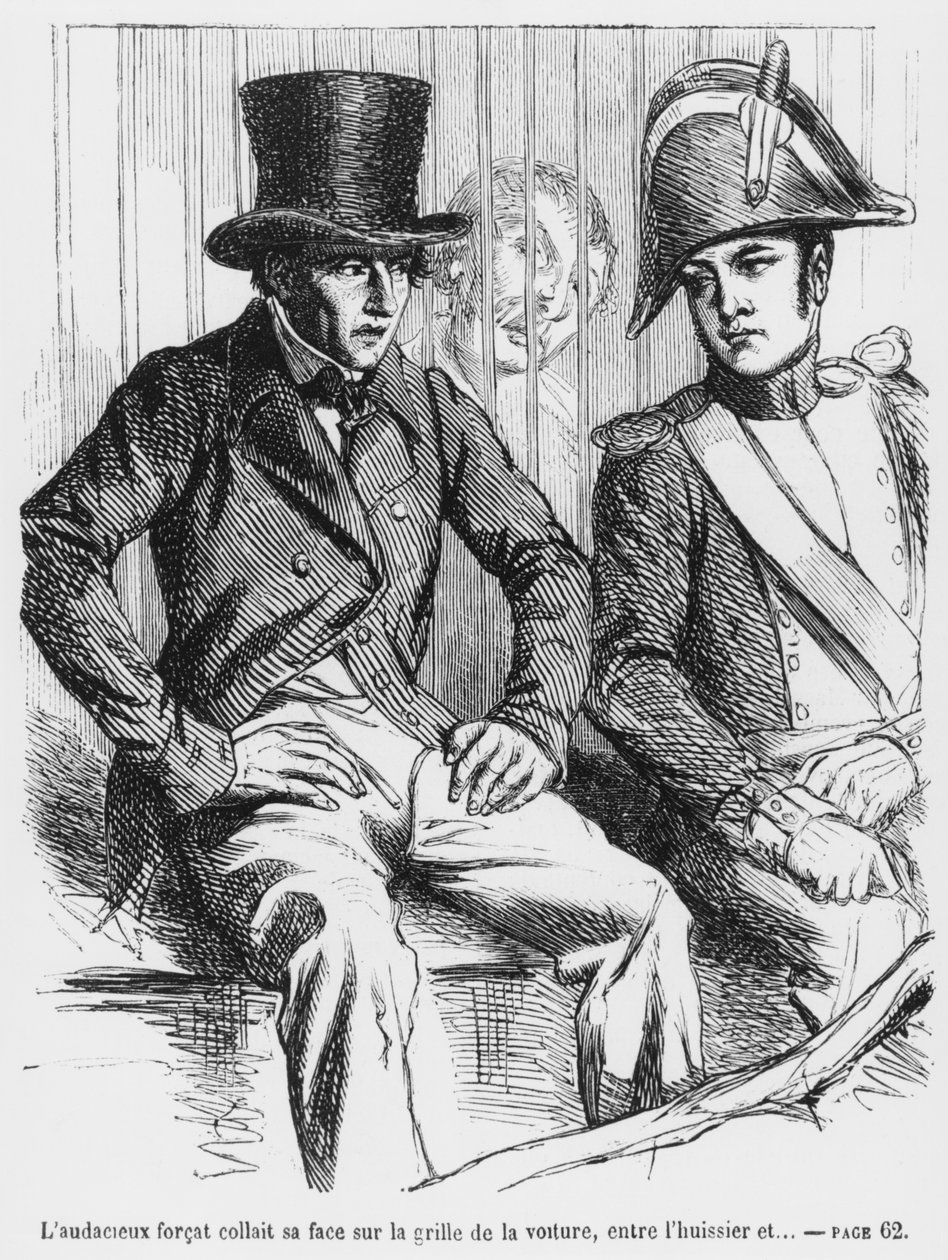 Lucien de Rubempré et Vautrin arrêtés, illustration de Splendeurs et Misères des Courtisanes par Honoré de Balzac, publié en 1867 - French School