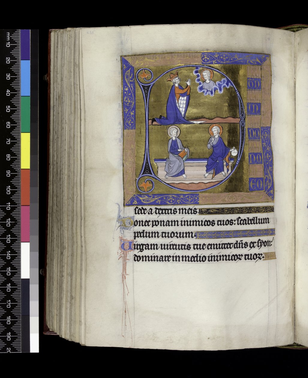 MS 300 f.125v, David prie Dieu (en haut); Dieu avec un orbe et Christ avec un livre assis sur un banc (en bas), du Psautier et Heures d