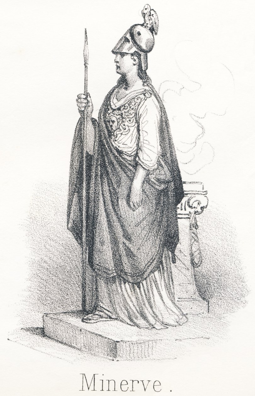 M Minerve : Déesse sortie de la tête de Jupiter, armée avec cape et lance en main. Sous le nom de Minerve, elle était déesse de la sagesse et sous le nom de Pallas, elle était déesse de la guerre - French School