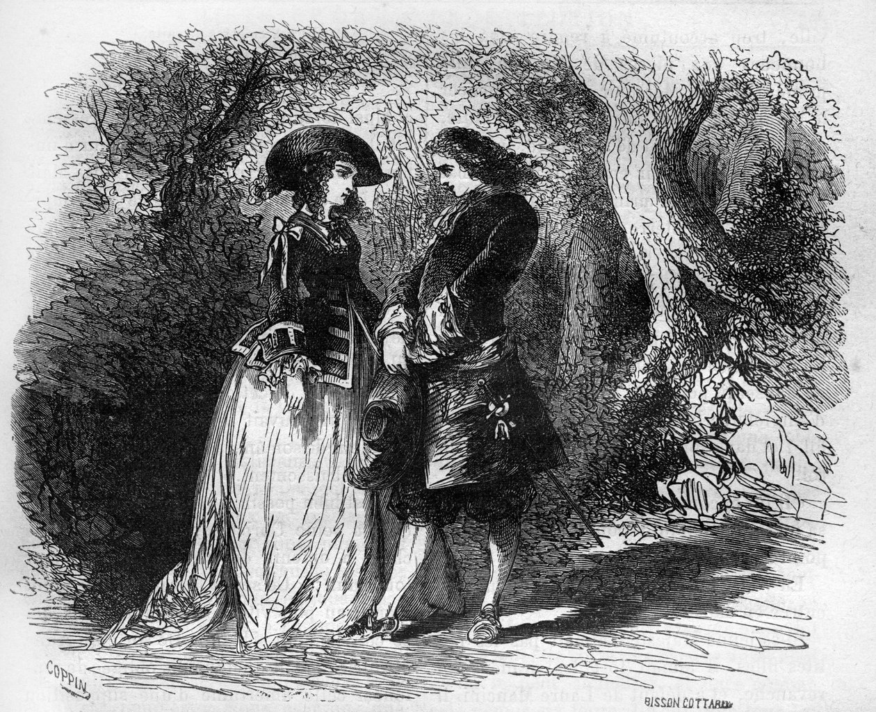 Mademoiselle de Pons rencontre son jeune amant Malicorne vers 1653. Gravure dans « L