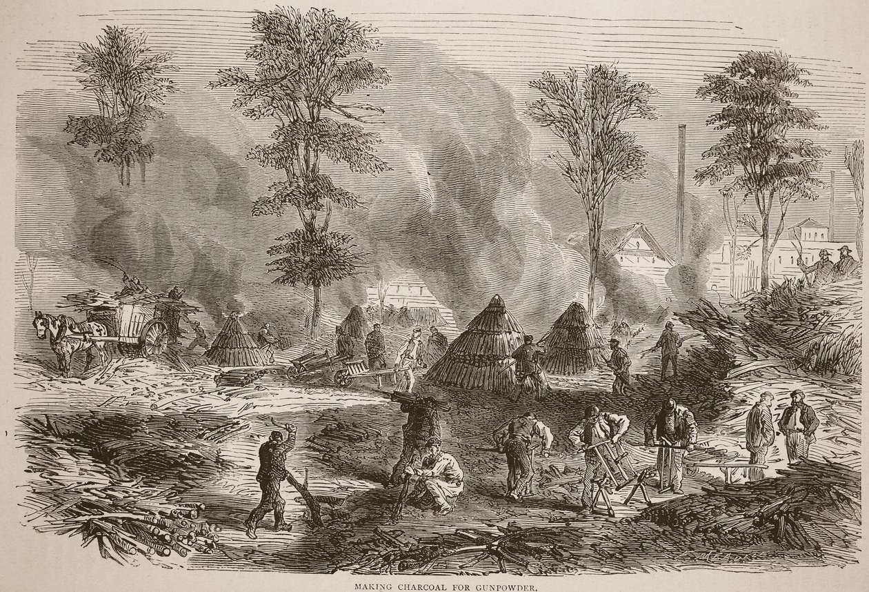 Fabrication de charbon de bois pour la poudre à canon, illustration de l