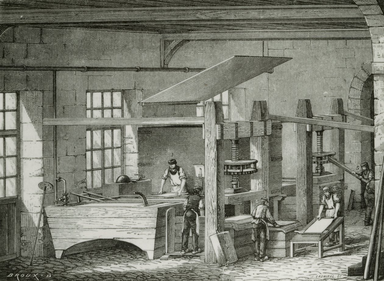 Fabrication de papier à la main par tamisage de la pâte. Gravure vers 1870. - French School