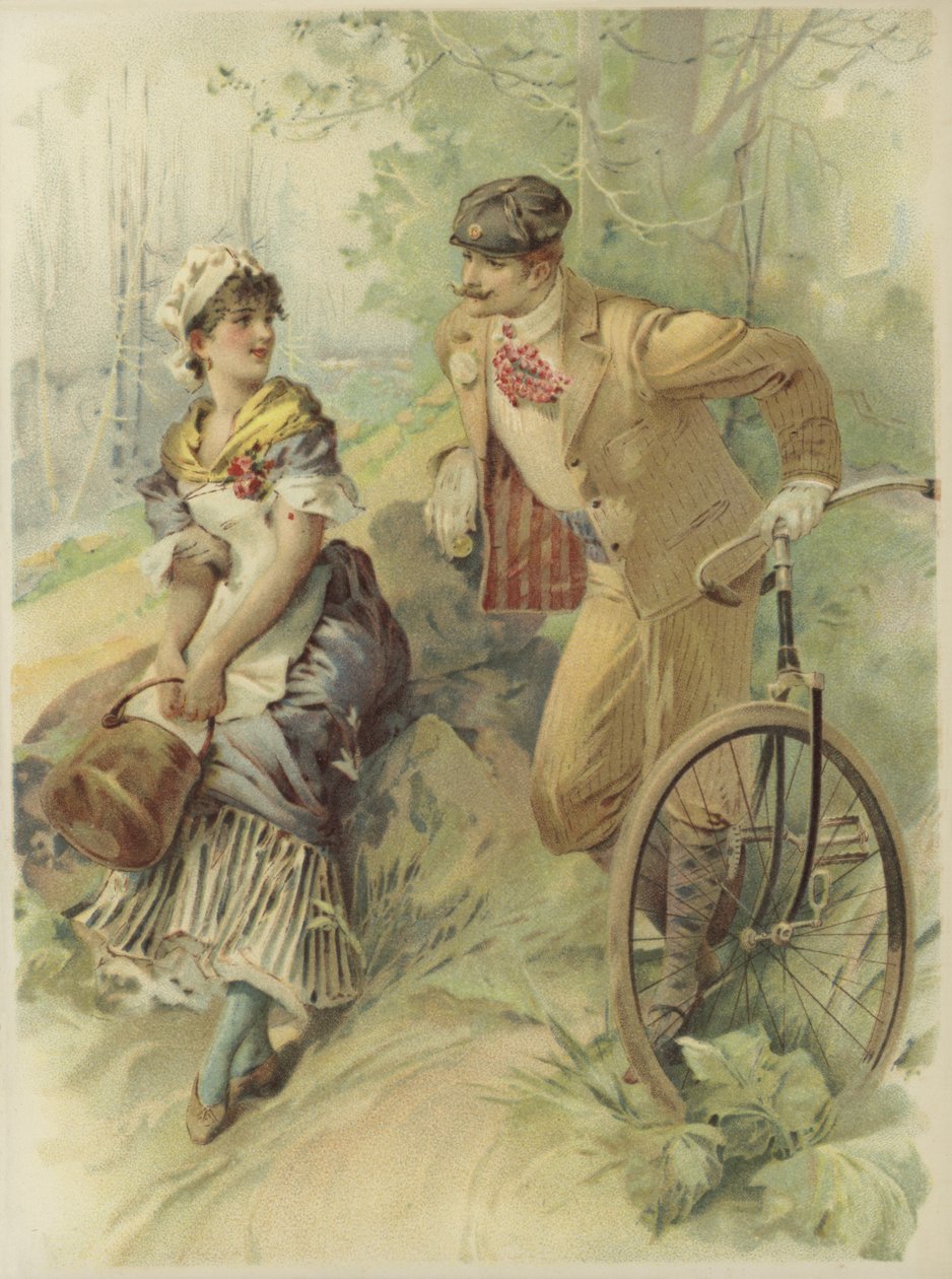 Homme à bicyclette faisant des avances à une femme de chambre (chromolitho) - French School