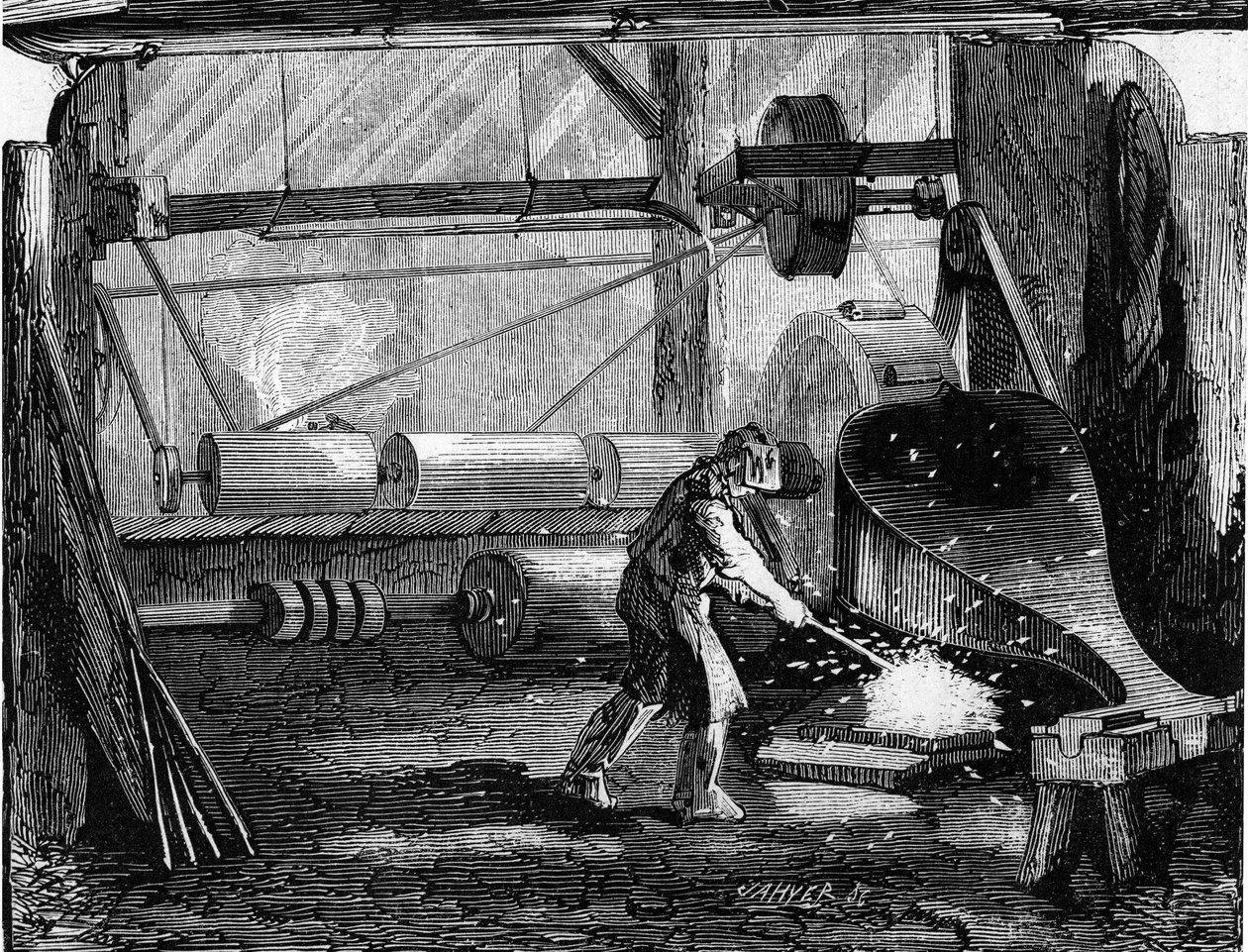 Fabrication de canons de fusil : les bandes de fer sont rouges vives. Gravure dans « Le Monde Illustré » n°35 du 12 décembre 1857. - French School