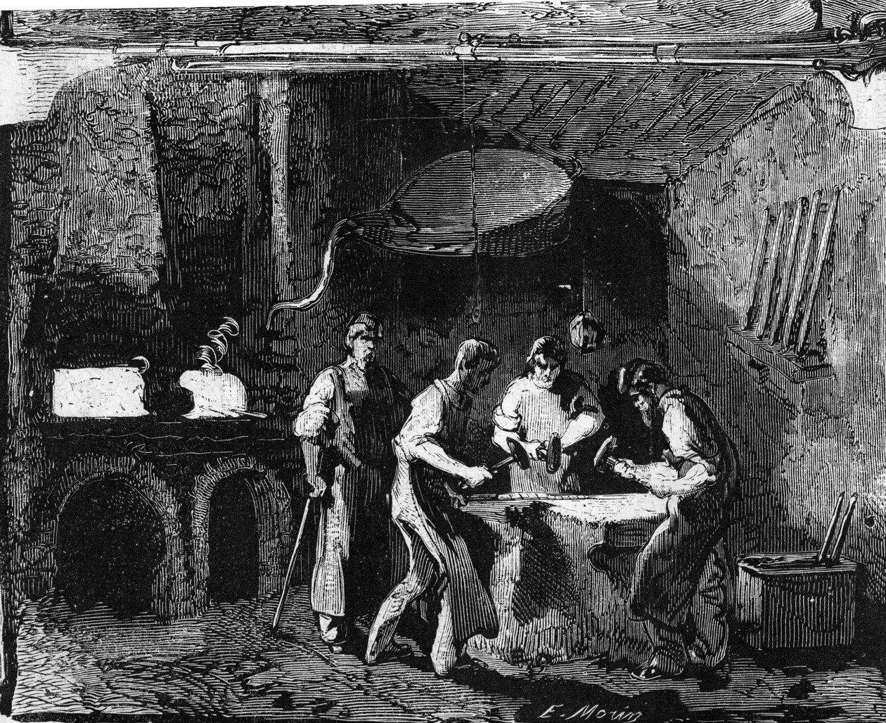Fabrication de canons de fusil : ouvriers travaillant le fer avec un marteau, après fusion, pour faire des plaques. Gravure dans « Le Monde Illustré » n°35 du 12 décembre 1857 - French School