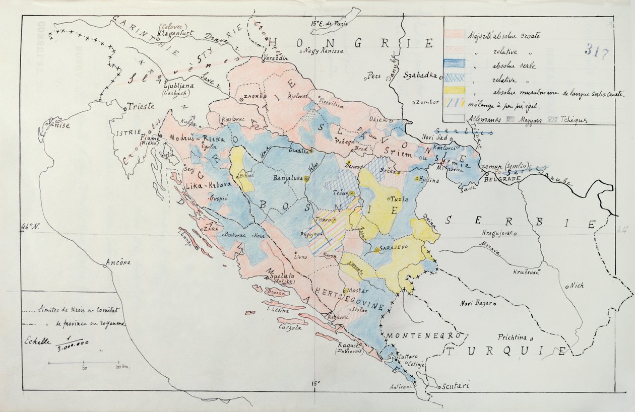 Carte de la Bosnie avec détails des zones occupées par des groupes ethniques minoritaires, 1910 - French School