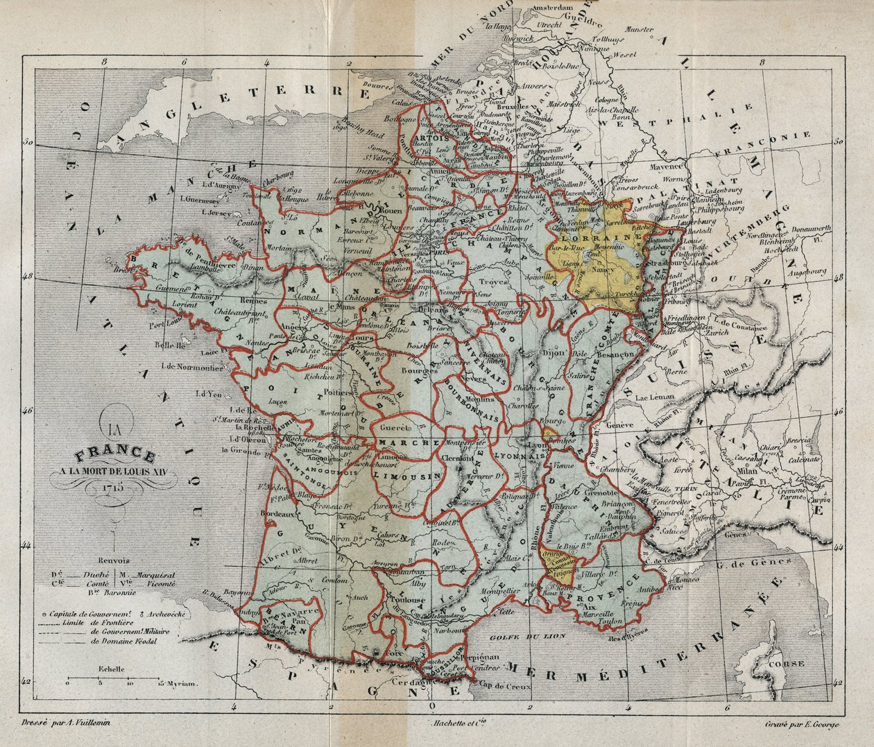 Carte de la France à la mort de Louis XIV en 1715 - Plan de la France à la mort de Louis XIV en 1715 - gravure de « Histoire de France » par Victor Duruy (1811-1894) - 1882 - French School