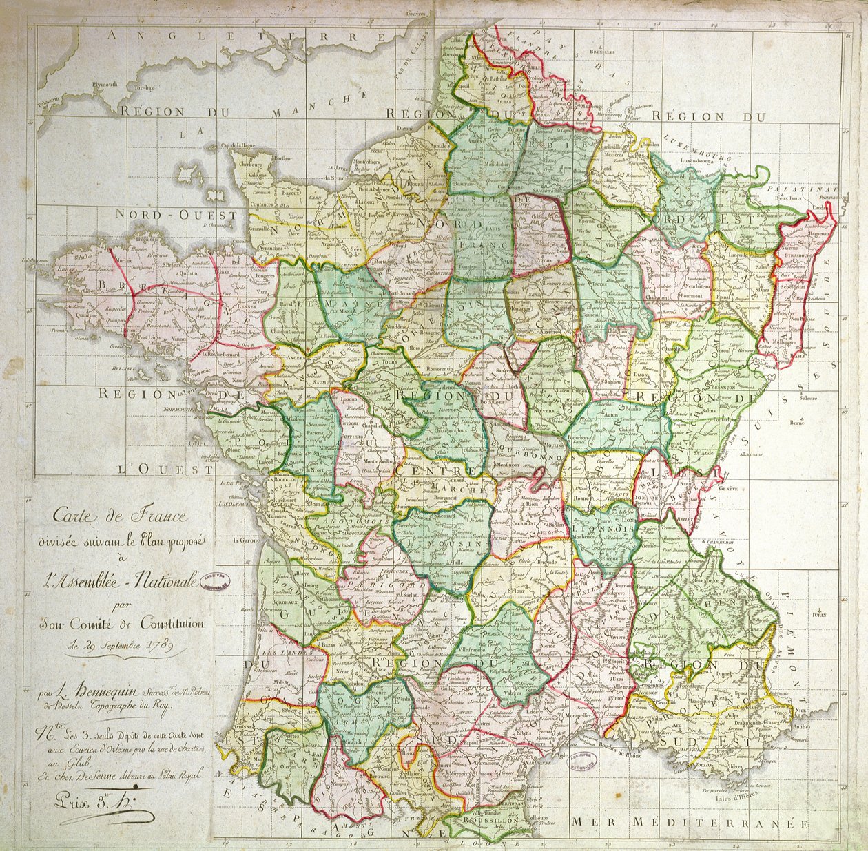 Carte de France montrant les plans de division des départements, 1789 - French School
