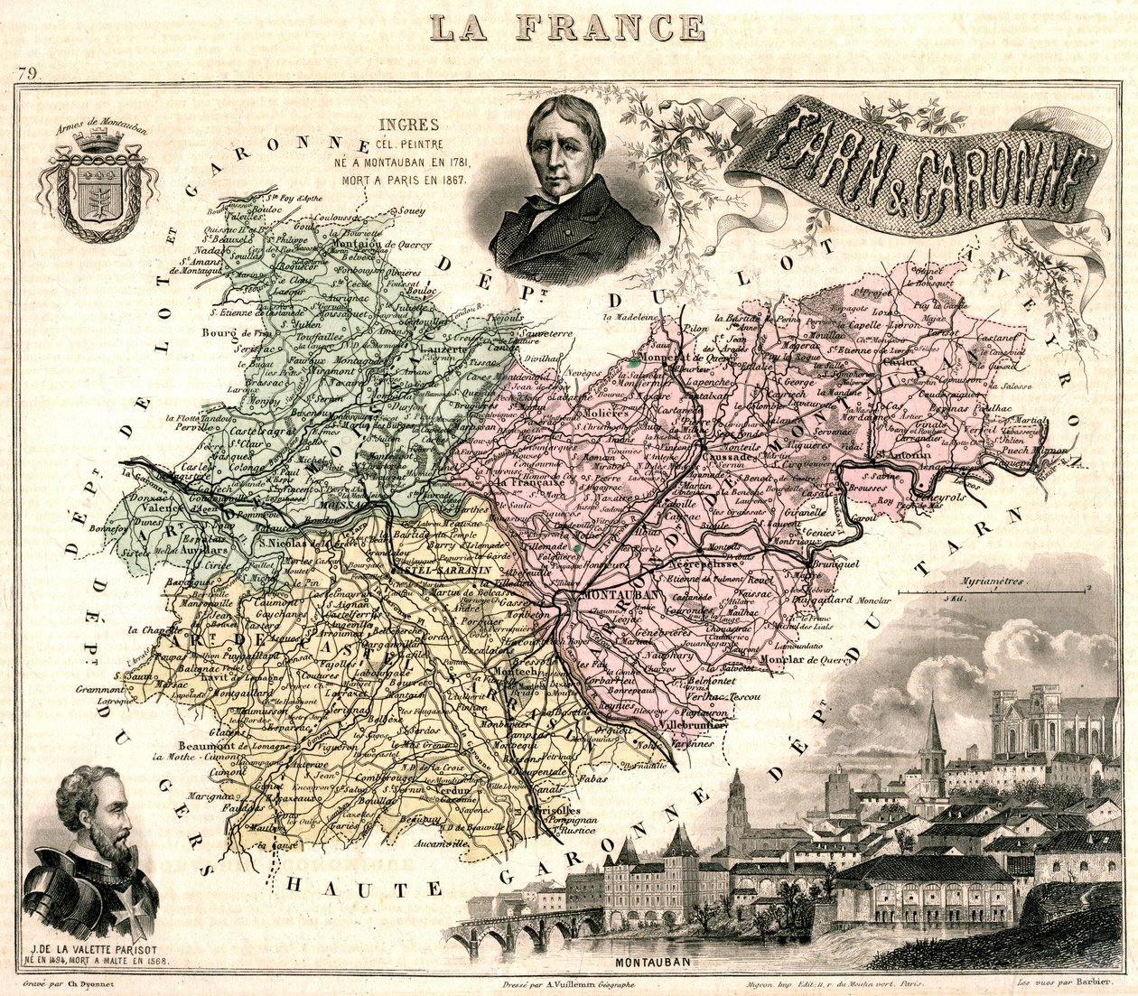 Carte de Tarn-et-Garonne avec une vue de Montauban et des portraits d