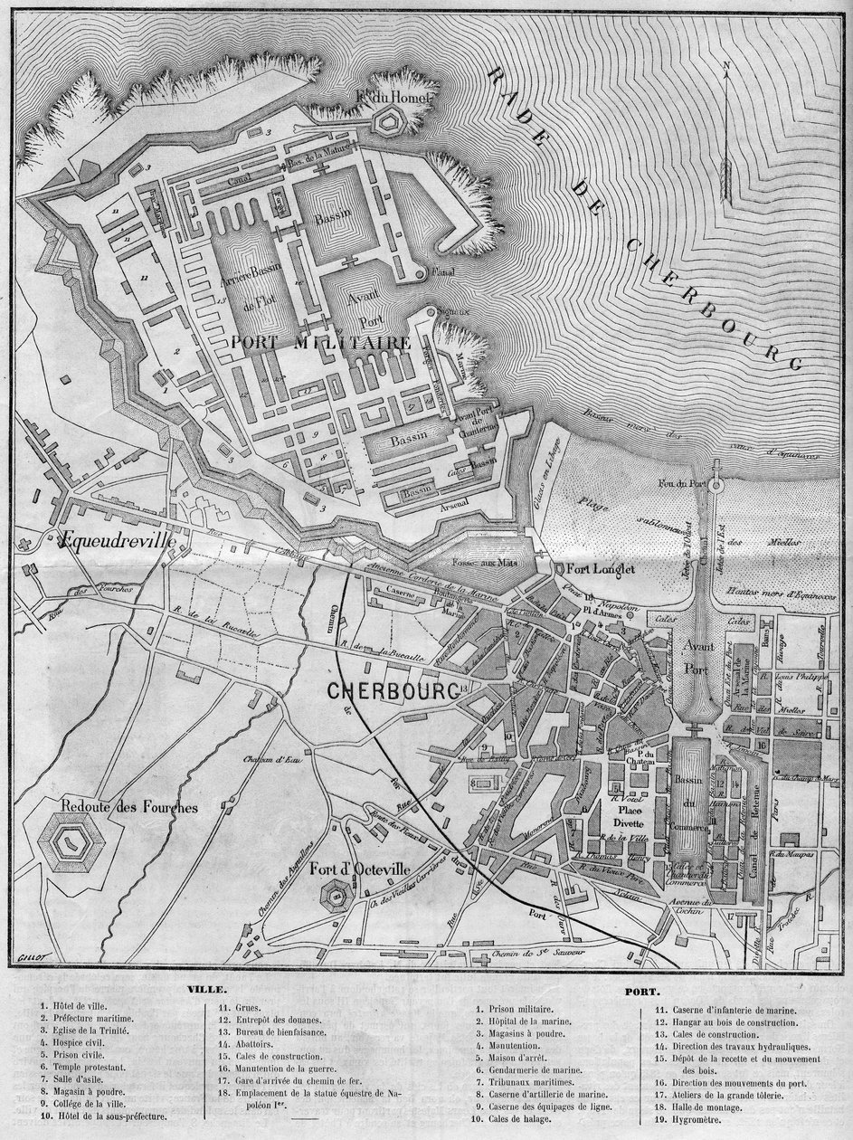 Carte de la ville et du port de Cherbourg, Manche (50) - French School