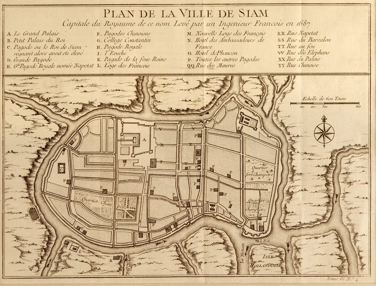Carte de la ville de Siam, capitale du royaume de ce nom après une enquête réalisée par un ingénieur français en 1687, publiée dans l