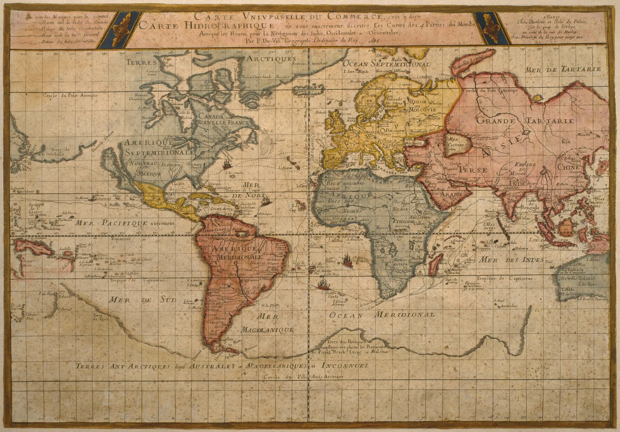 Carte montrant les routes commerciales mondiales, cartographie par Pierre Duval (1619-83) publiée en 1686, Paris - French School