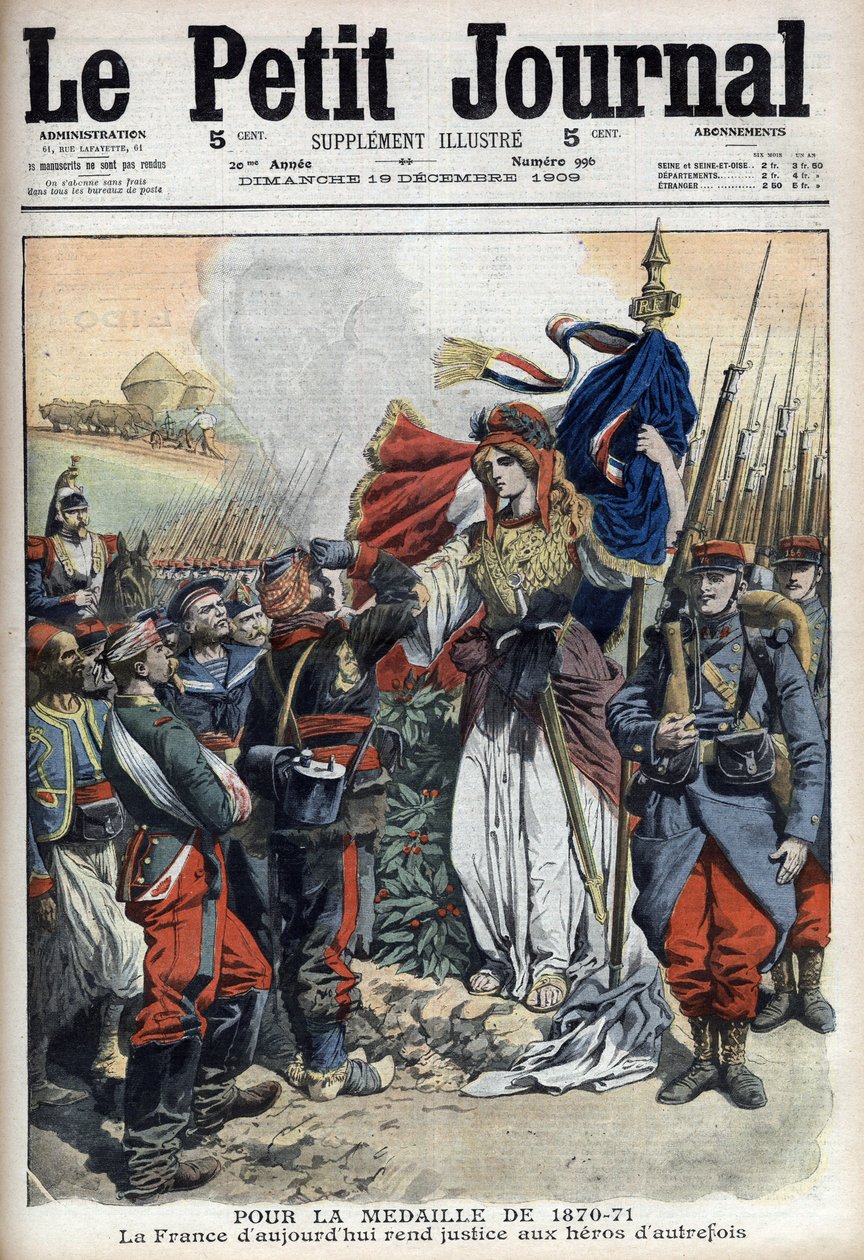 Médaille pour les vétérans de la guerre de 1870-1871 : allégorie de la France rendant justice aux héros du passé - « Le Petit Journal » du 19 décembre 1909 (gravure) - French School