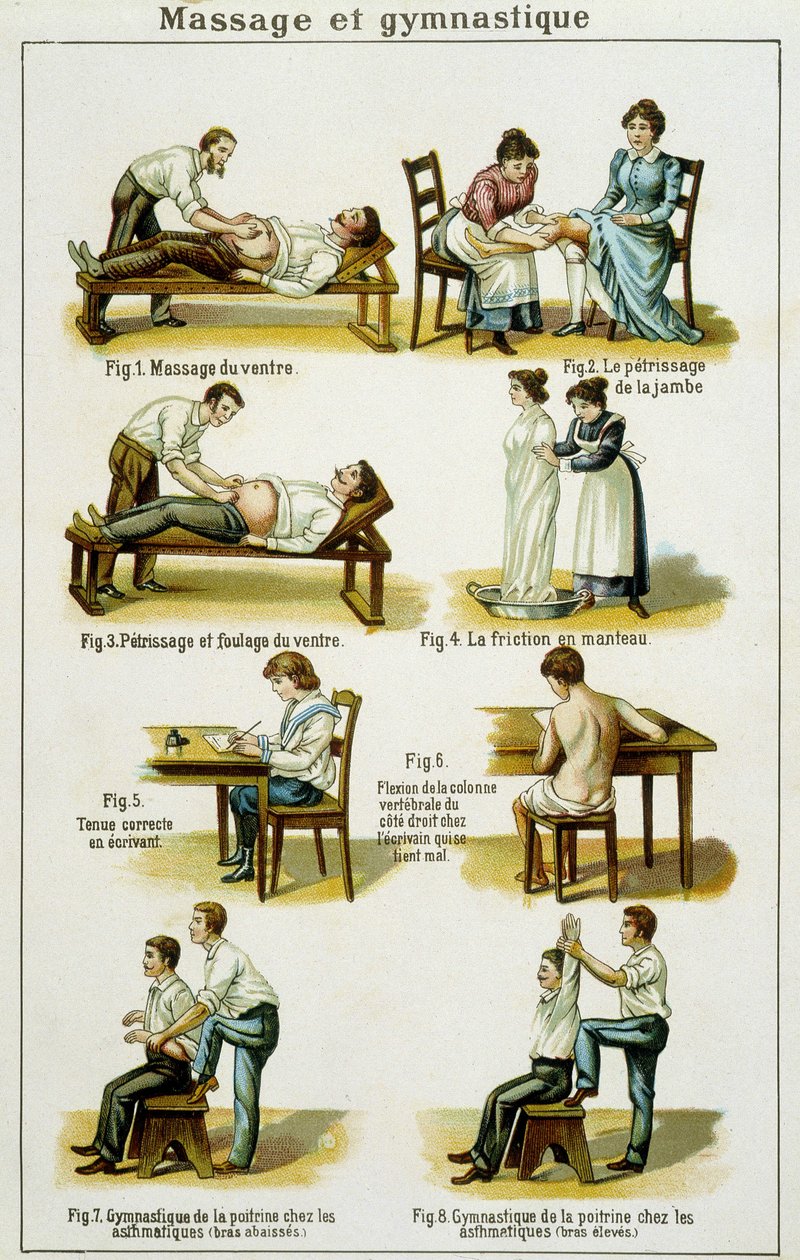 Planche médicale illustrant les massages et la gymnastique (tirée de Bilz, médication naturelle) fin XIXe siècle. - French School