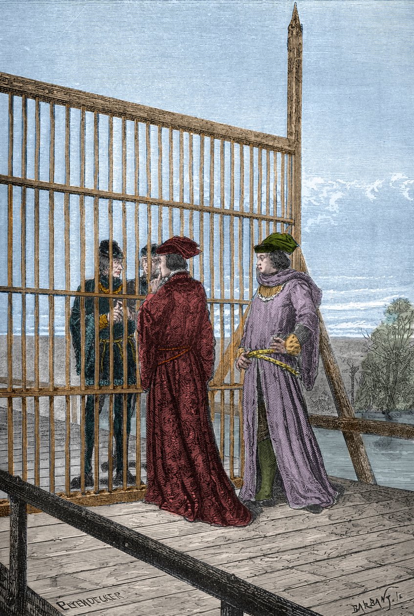 Rencontre du roi Édouard IV et de Louis XI de France à Pecquigny - Traité de Picquigny (département de la Somme) le 29 août 1475 entre Louis XI et Édouard IV met fin à la guerre de Cent Ans - gravure dans "L