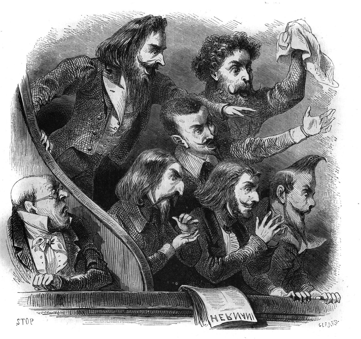 Membres du mouvement littéraire romantique assistant à la première représentation de la pièce de Victor Hugo « Hernani » (1802-1885) à la Comédie-Française à Paris, le 25 février - French School