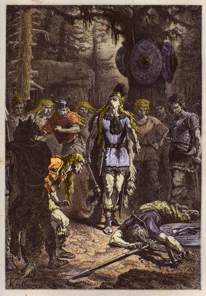 Mérovingiens : Clovis 1er abattant le soldat qui avait brisé le vase de Soissons, en 486 - Clovis (465-511) et le guerrier franc qui a brisé le vase de Soissons en 486 - gravure de "L