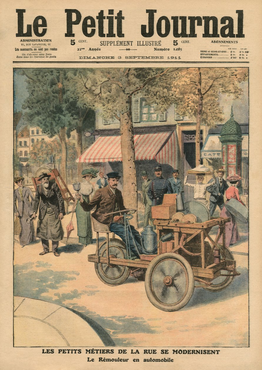 Modernisation des métiers de la rue, le rémouleur dans sa voiture, illustration de 