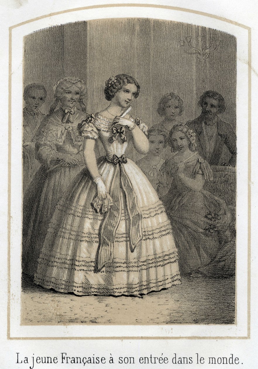Mondanité : la jeune Française fait son entrée dans le monde. Elle est admirée de tous. Gravure anonyme du XIXe siècle - French School