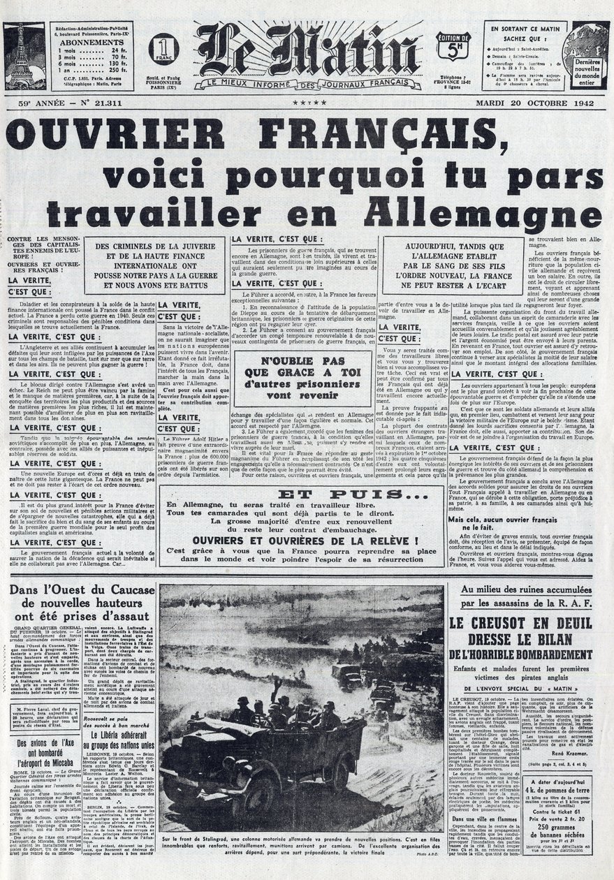 Journal du Matin No. 21311 du 20 octobre 1942 : Le Sto - Service du Travail Obligatoire - Pourquoi aller travailler en Allemagne - French School