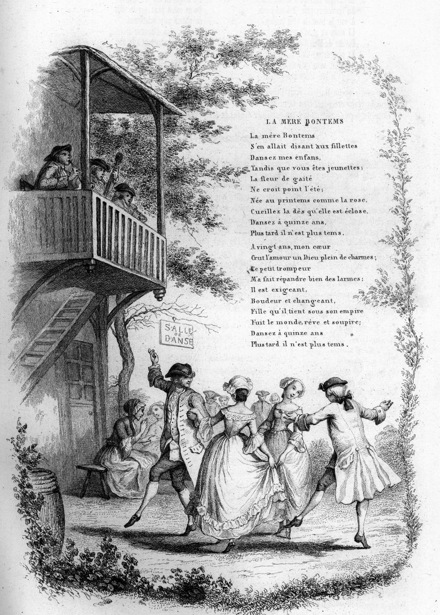 Mère Bontems (Bontemps). Danse de jeunes couples dans un village avec des musiciens sur le balcon. Gravure dans « Chants et chansons populaires de la France », Tome 2 - French School