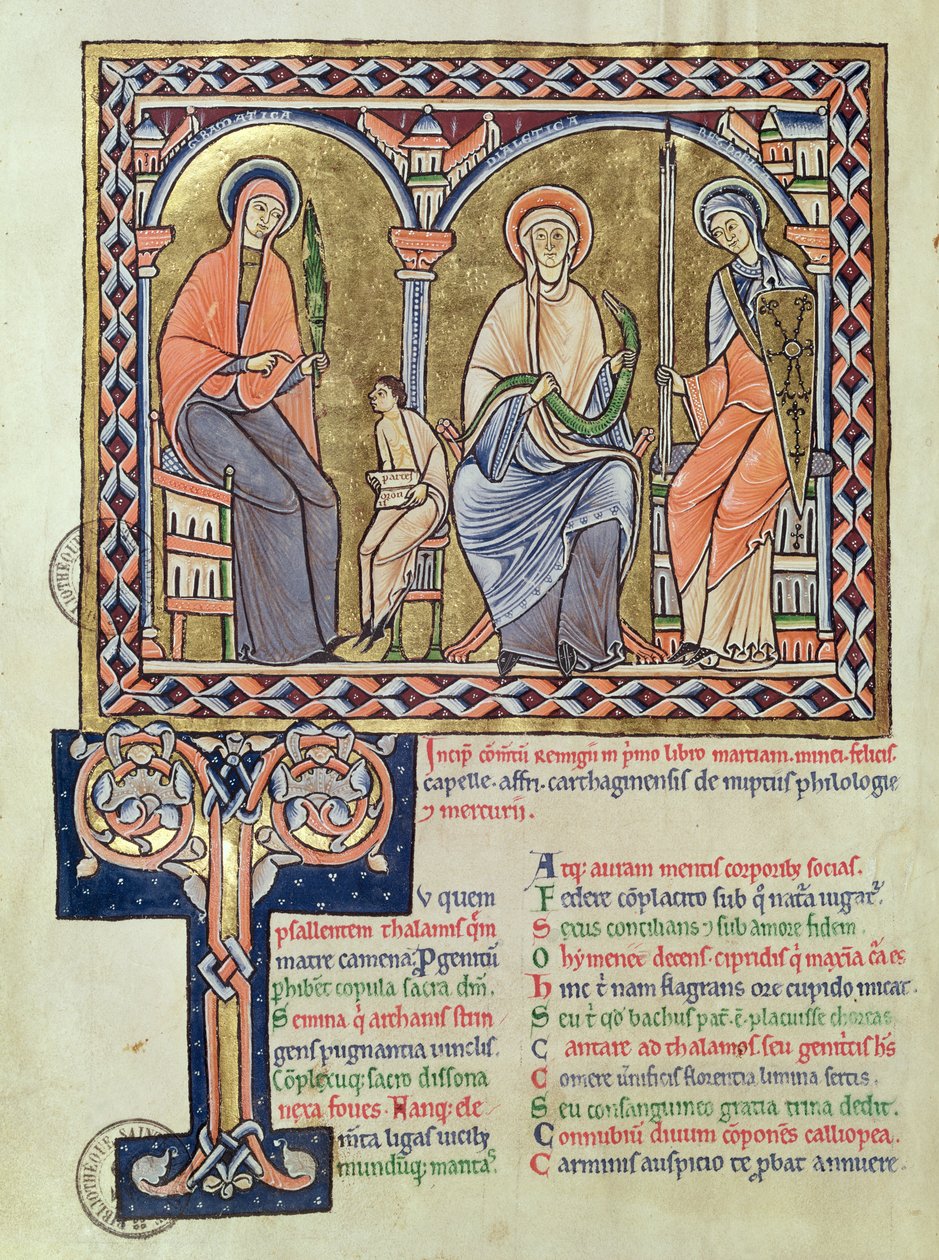 Ms 1041 f.1v Grammaire, Dialecte et Rhétorique de Satyricon par Martianus Capella, vers 1200 - French School