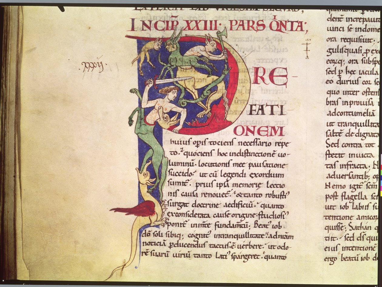 Initiale historiée P représentant des centaures, des dragons et des monstres, du Moralia in Job par le pape Grégoire le Grand - French School