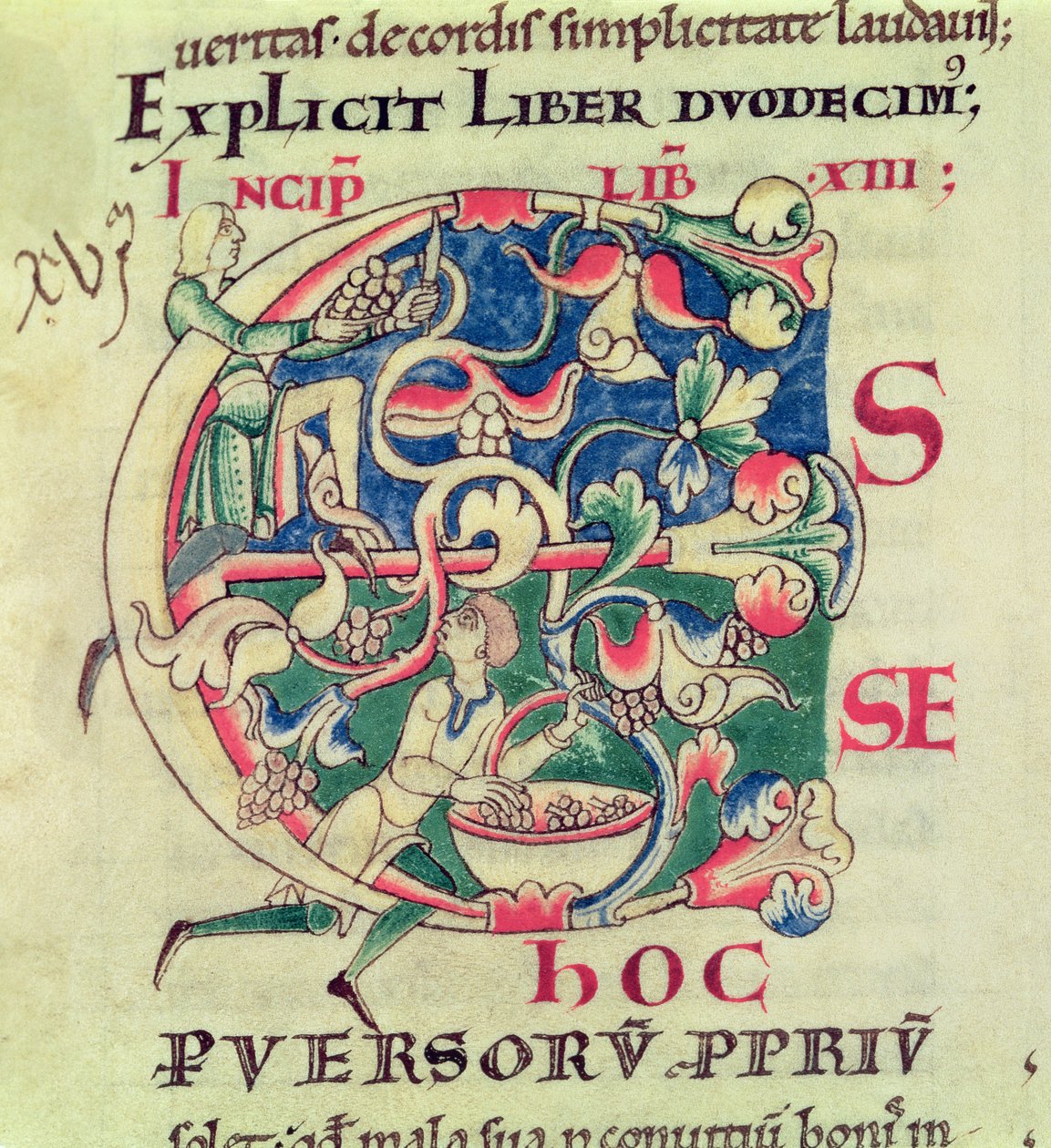 Initiale historiée E représentant la récolte du raisin, de Moralia in Job par le Pape Grégoire le Grand - French School