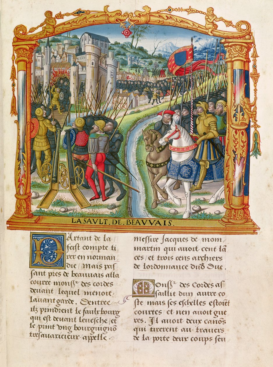 Ms 18 f.92r Siège de Beauvais par Charles le Téméraire, Duc de Bourgogne, 27 juin 1472, des Mémoires de Philippe de Commynes (1445-1509) - French School