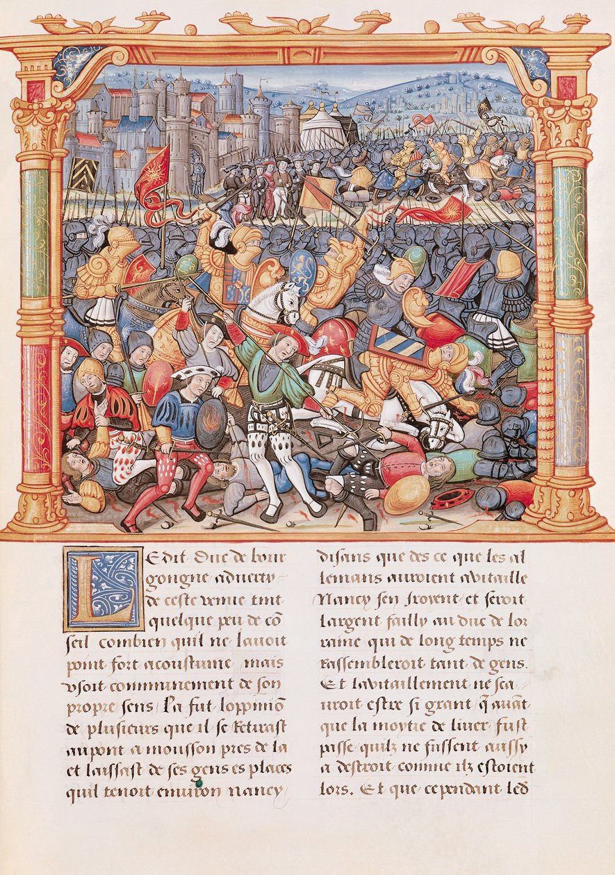 Ms 18 fol.150r Bataille de Nancy en 1477, des Mémoires de Philippe de Commynes - French School