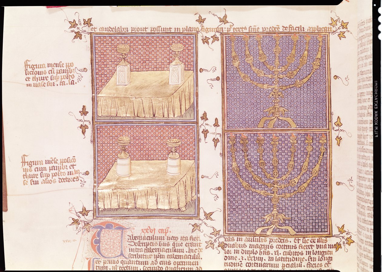 Ms 290 Tome 1 f.89v Table des offrandes et la menorah, des Postilles sur la Bible par Nicolas de Lyre - French School