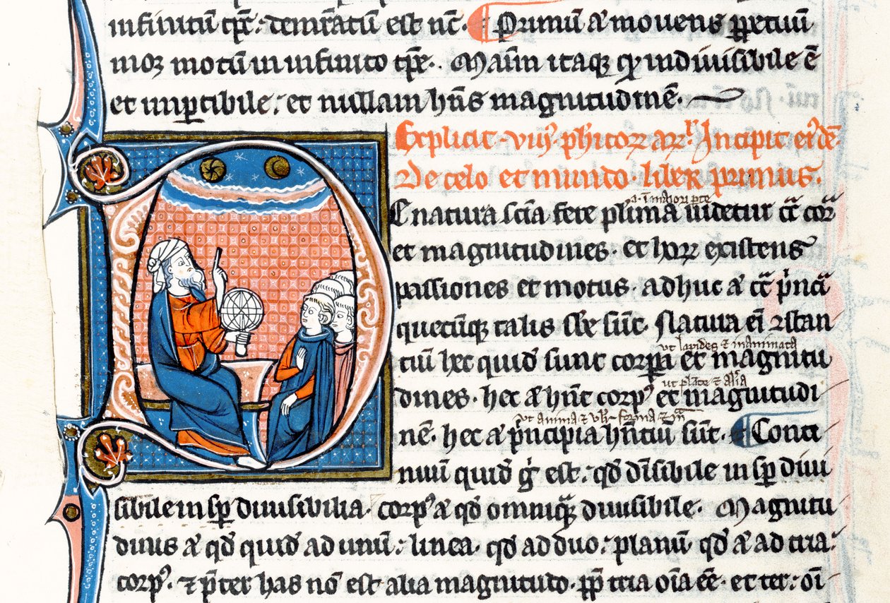 Ms 3458 fol 62vo Initiale historiée D représentant Aristote tenant une sphère armillaire et pointant vers les cieux alors qu
