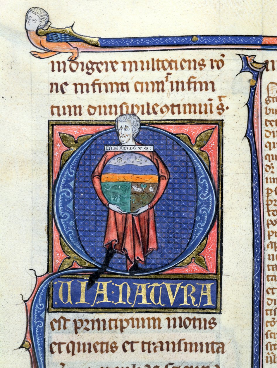 Ms 3469 Philosophe tenant un globe avec les quatre éléments, tiré de la Physique d