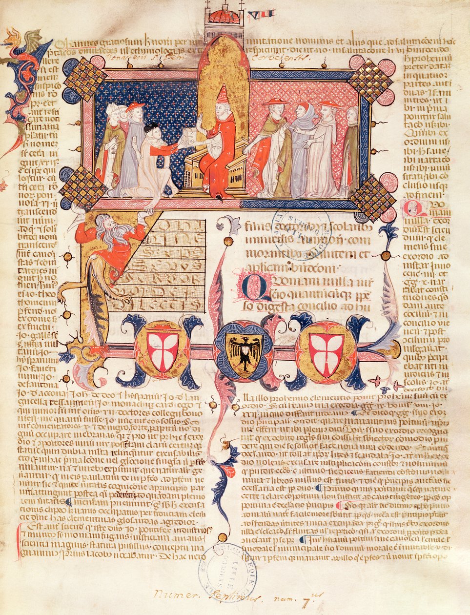 Ms 371 f.1 Jean André présentant son œuvre au pape Clément V (vers 1260-1314) - French School
