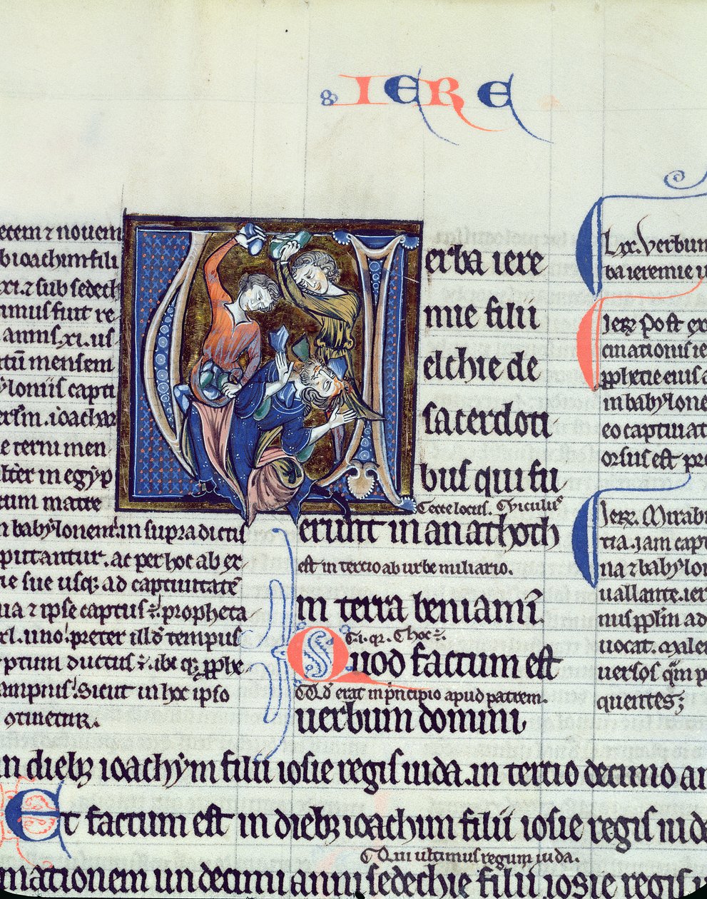 Ms 48 fol.95v Initiale historiée V représentant la lapidation du prophète Jérémie - French School