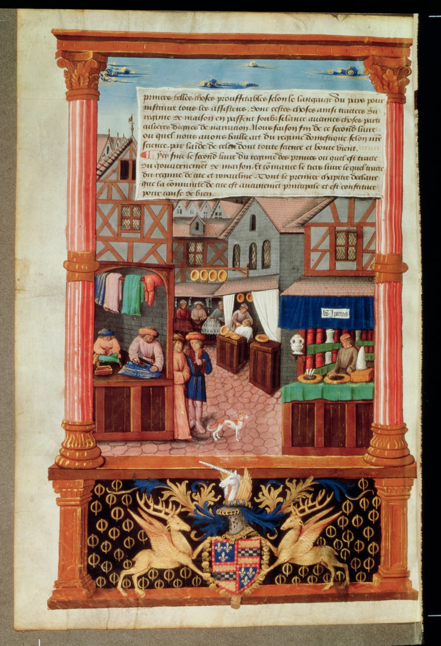 Ms 5062 fol.149v Une rue avec des boutiques et les armoiries de Robert Stuart, maréchal d
