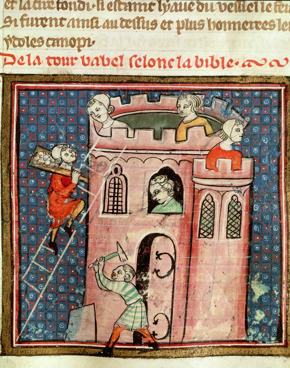 Ms 59 fol.17r La construction de la tour de Babel, de la Bible Historiale par Guiart des Moulins - French School