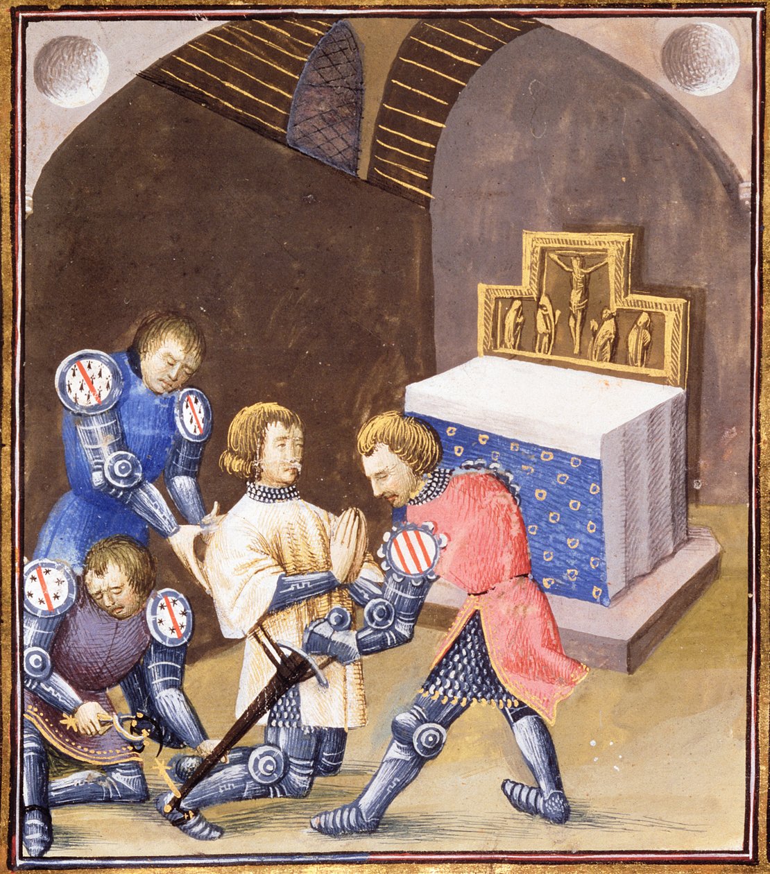 Ms. Fr 99 f.561 Galahad reçoit une épée et des éperons lors du rituel de chevalerie avant de partir pour la Quête du Graal - French School
