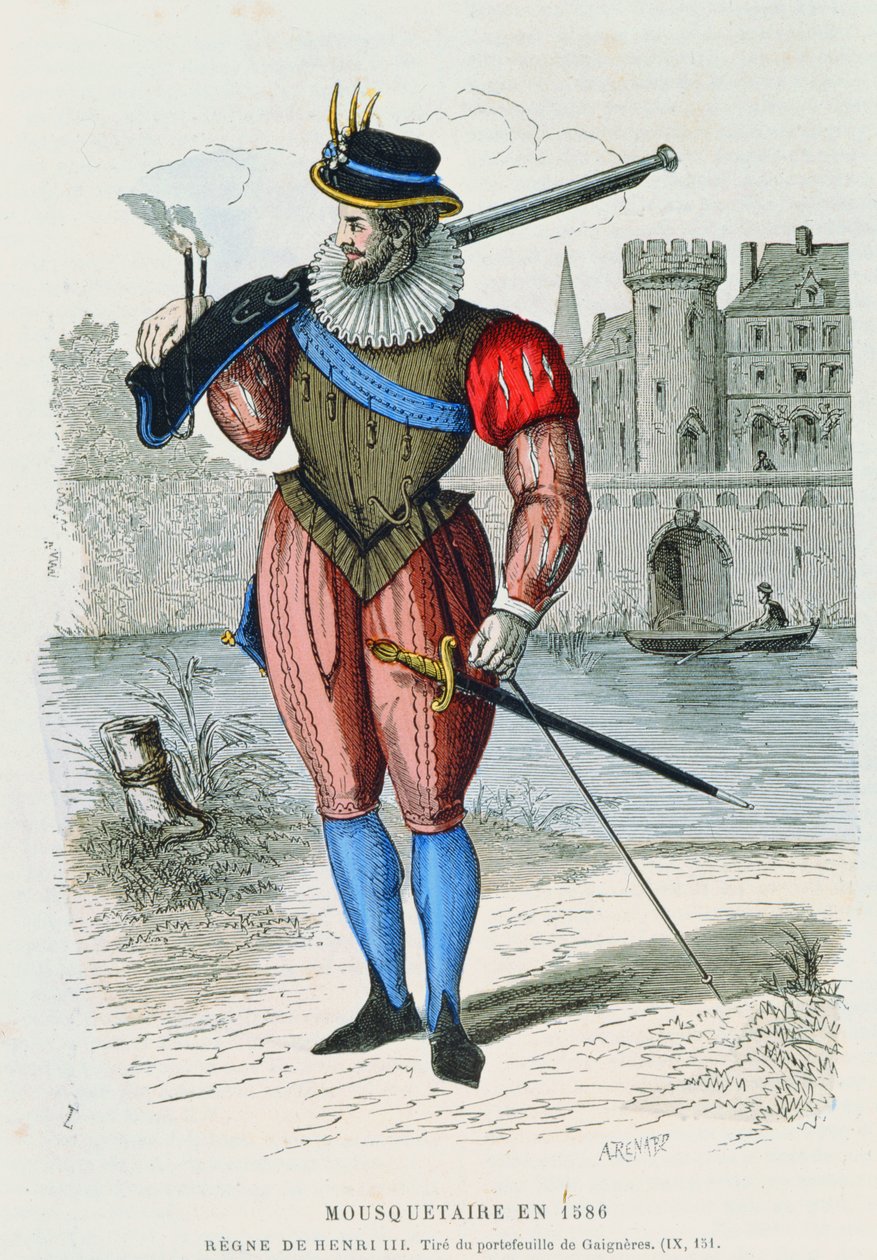 Mousquetaire en 1586, illustration de Costumes de Paris à travers les siècles par H. Gourdon de Genouillac, gravée par A. Renard - French School
