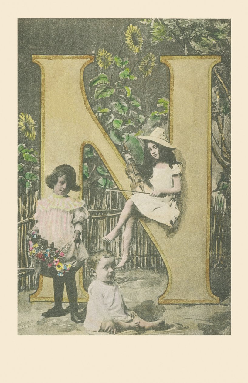 Une fille tenant un violon, une autre portant des fleurs, un bébé assis - French School
