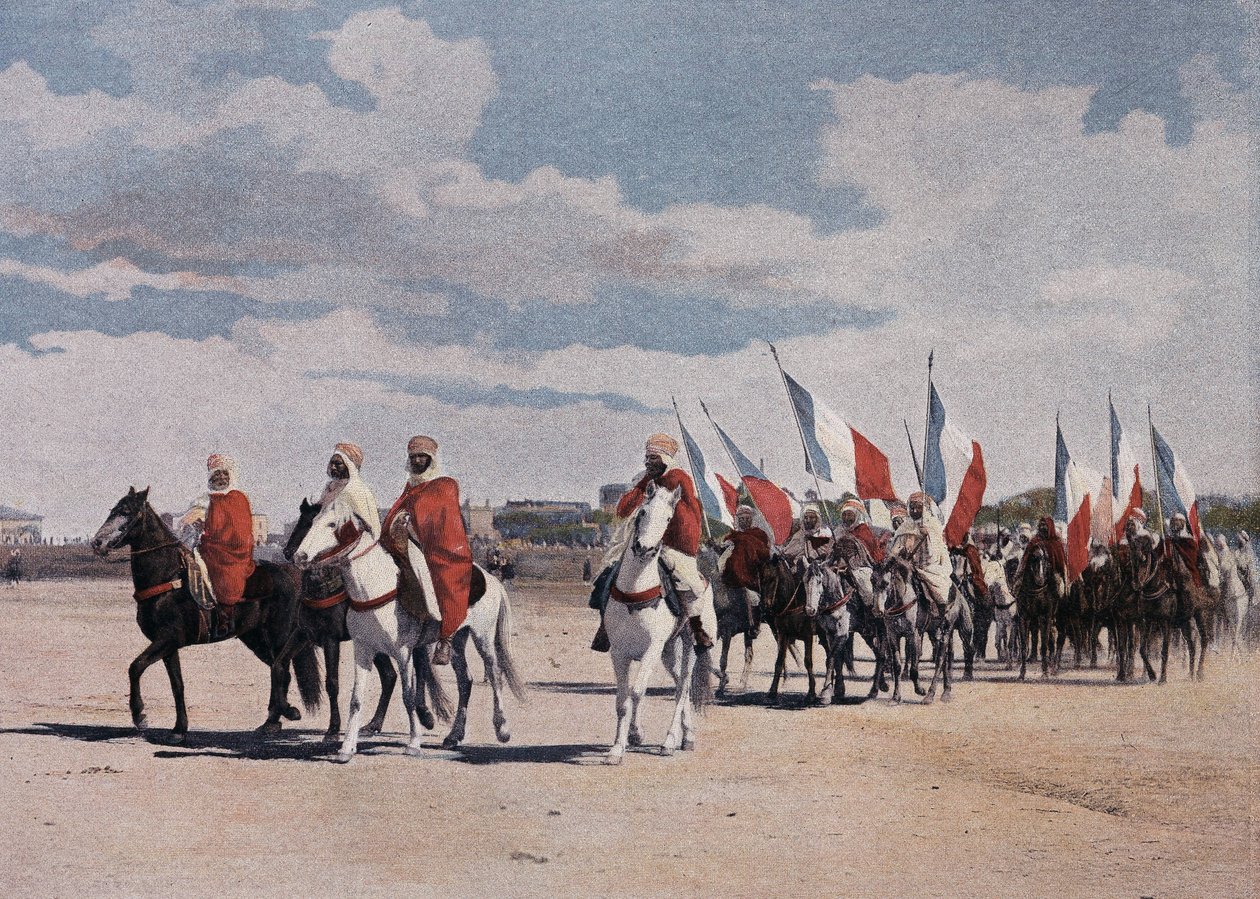 Spahis natifs allant à une fantaisie en grande pompe, bannières déployées - dans "Album militaire" - Spahis - French School