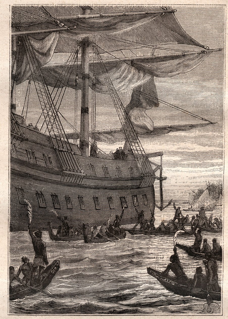 Les indigènes tenant des branches de bananiers en main : voyage de Samuel Wallis (1728-1795) en Polynésie - illustration tirée de "Les grands marins du XVIIIe siècle" - French School